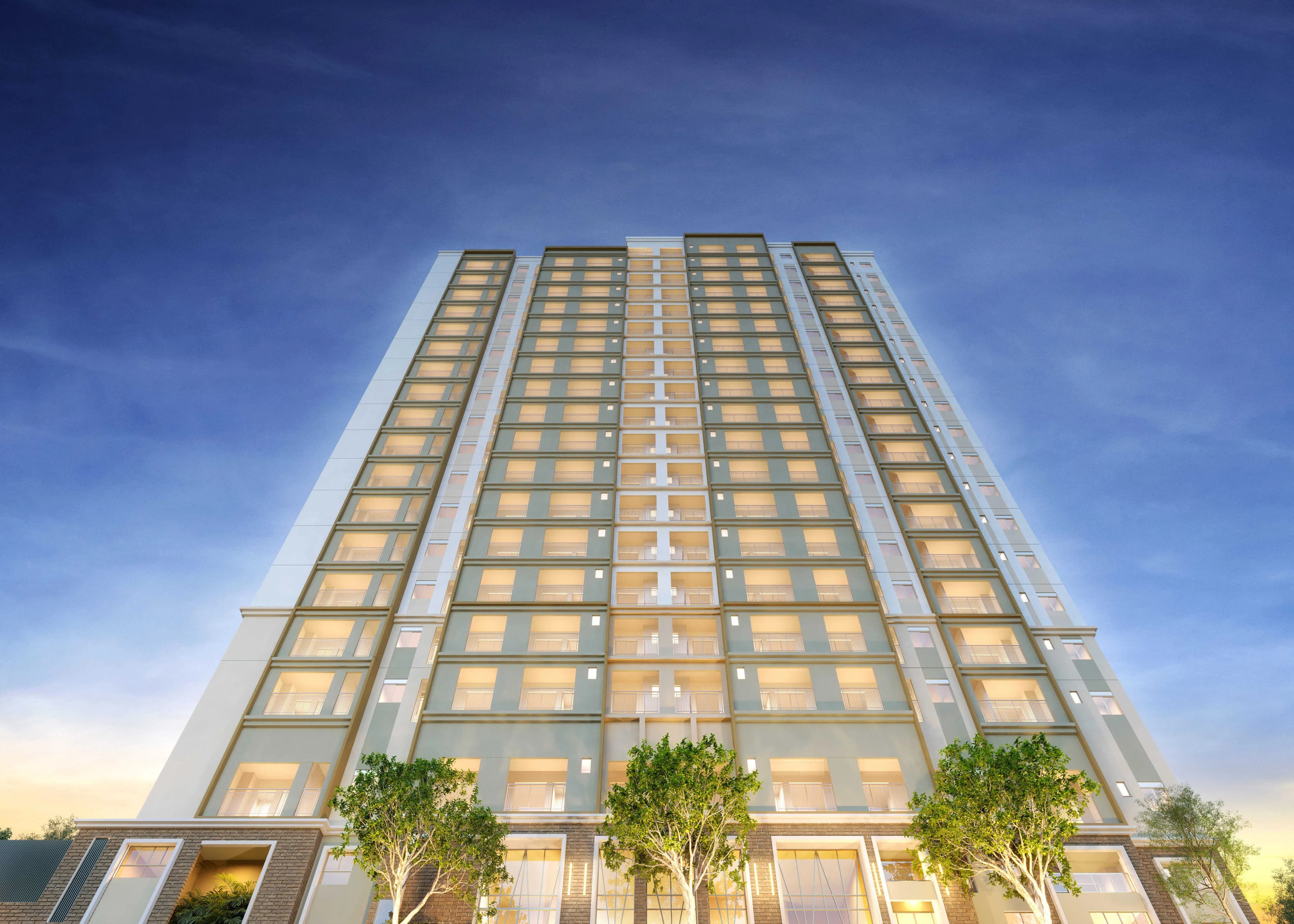 Perspectiva ilustrada da fachada do Leven by Living em Vila Mariana, São Paulo