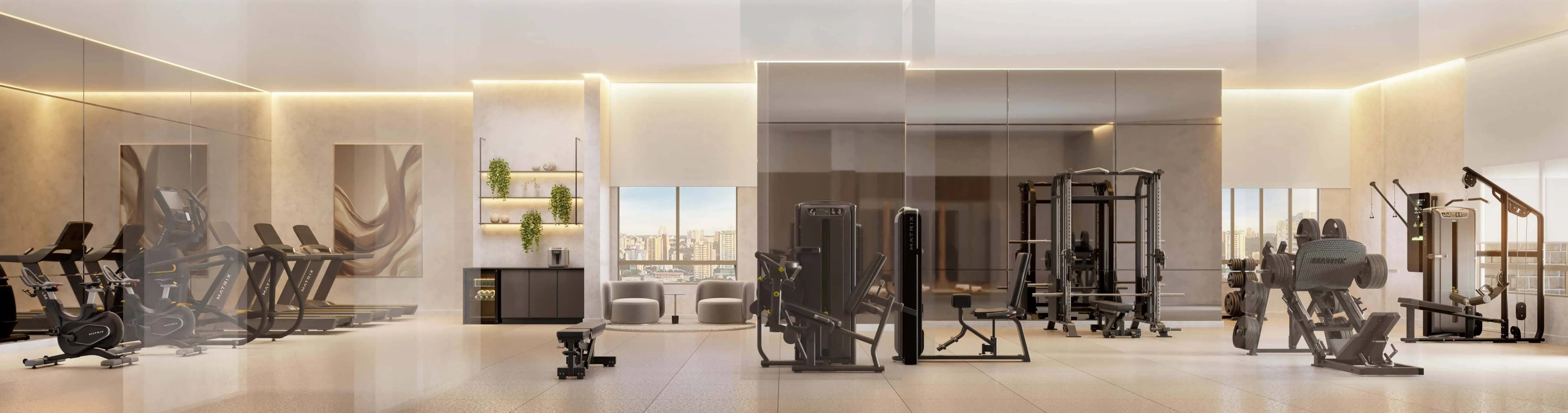 Perspectiva ilustrada do fitness center com equipamentos LifeFitness no Leven by Living