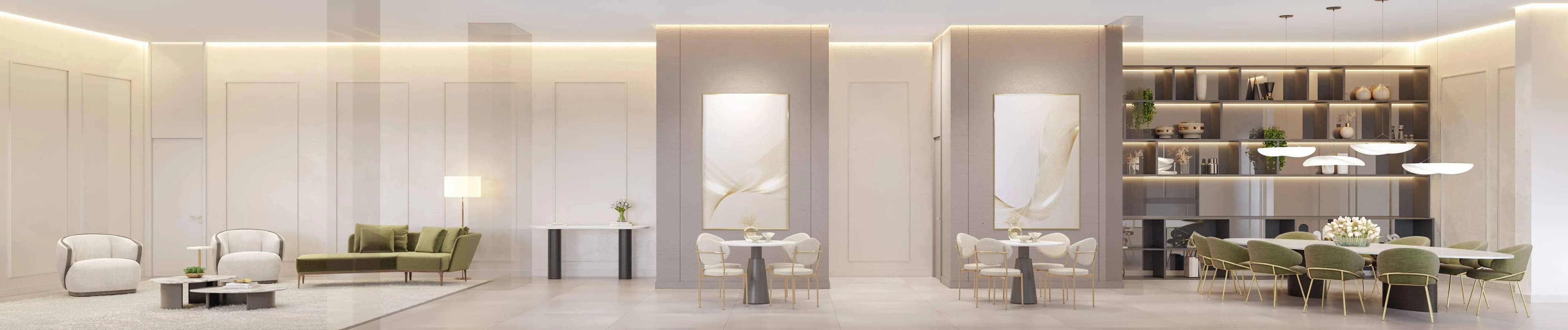 Perspectiva ilustrada do salão de festas e espaço gourmet do Leven by Living