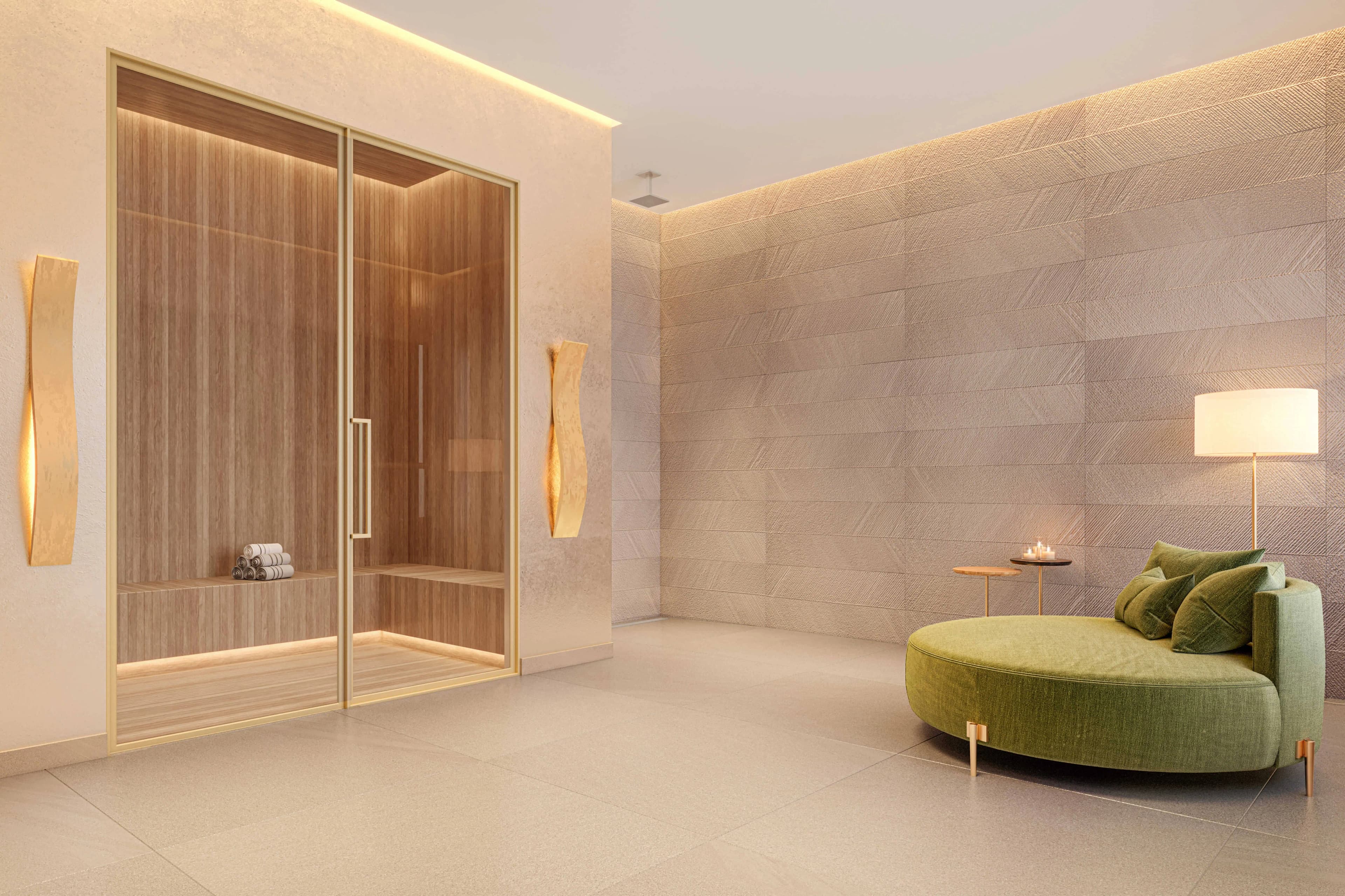 Perspectiva ilustrada da sauna e área wellness do Leven by Living